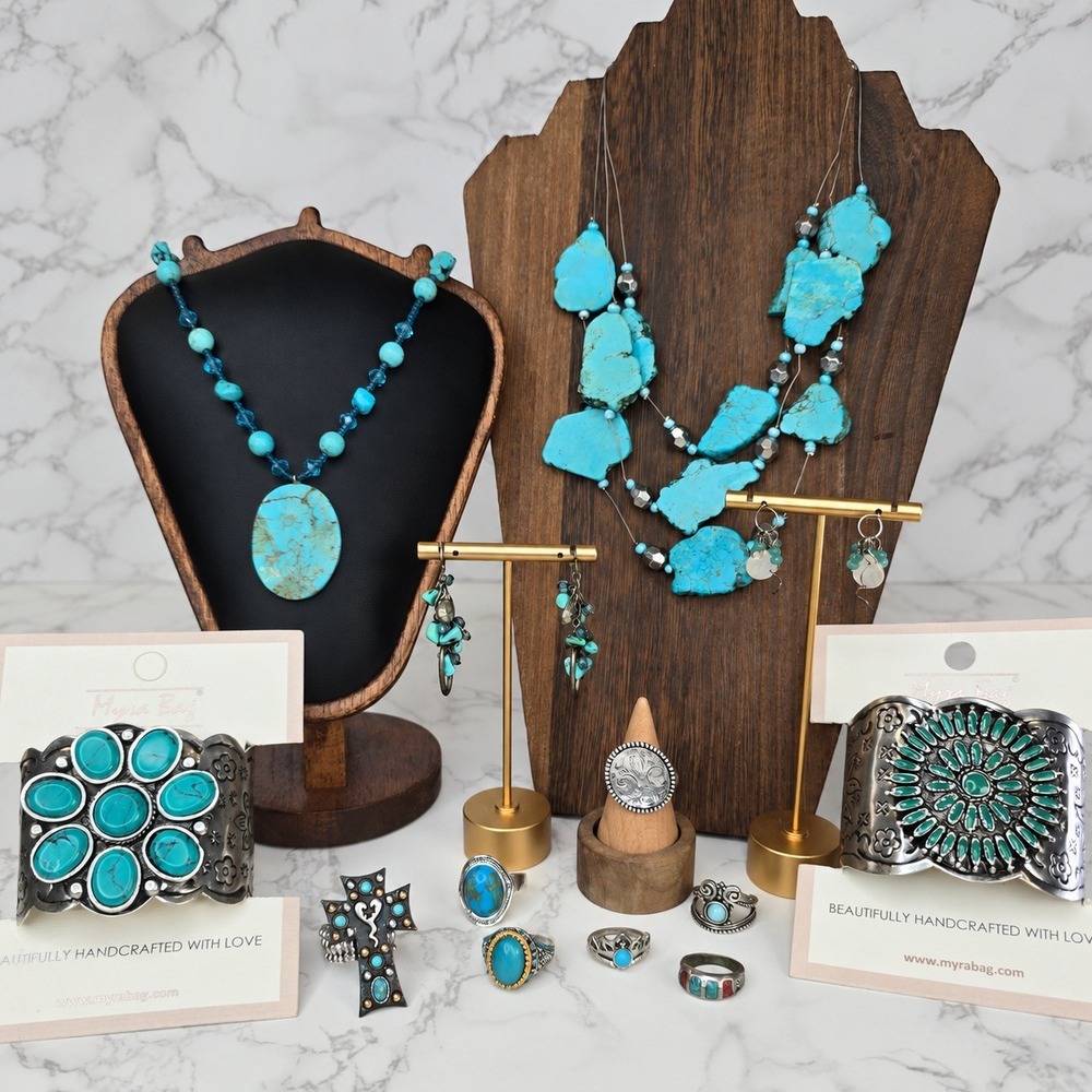 Southwestern Jewelry Lot Turquoise Color Cuff Bracelets Rings Necklaces READ